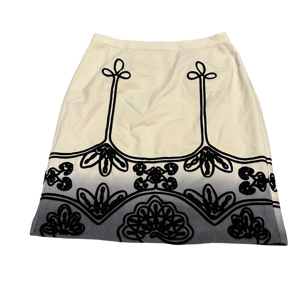 Nanette Lepore Seraphim Wool‎ Skirt Cream Grey Ombre Soutache Embroidered Size 8